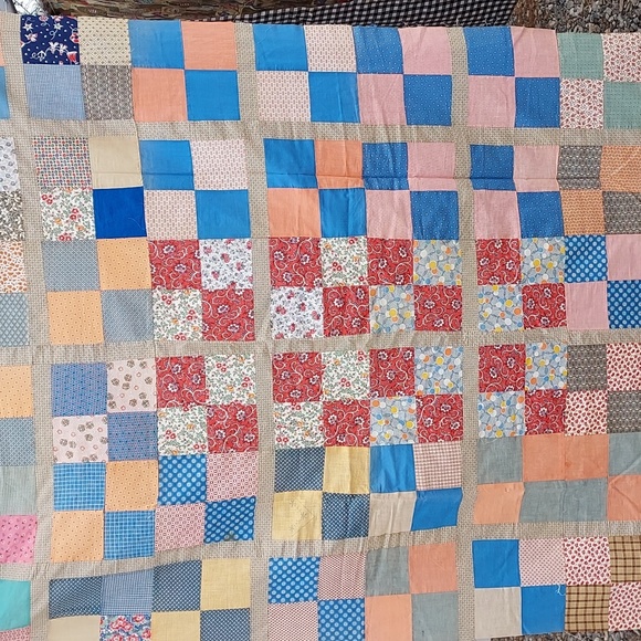 Handmade Vintage Patch Work Top With Vintage Material Squares - Picture 3 of 8